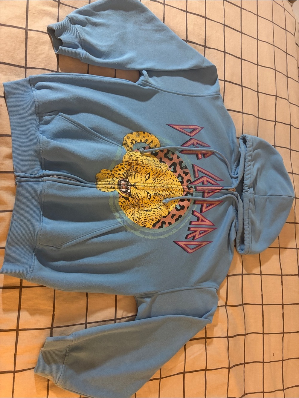 H&M def leppard Divided Light Blue Zip-Up Hoodie with Yellow Leopard Graphic